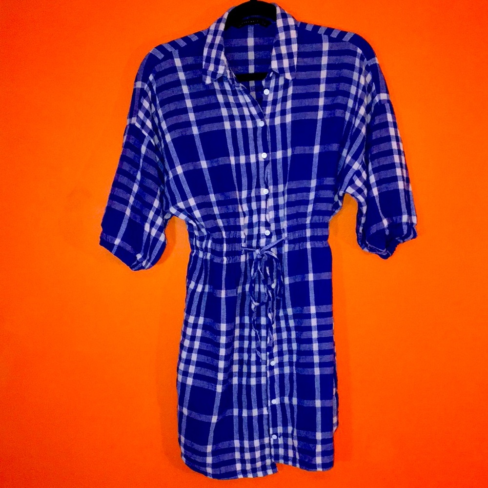 Zara Woman Blue & White Plaid Women's Shirt Button Up Dress Medium 6/8/10